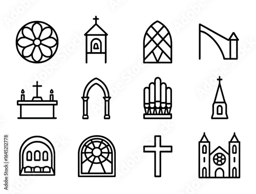Cathedral Icon Set. Outline icon set of famous cathedrals: rose window, bell tower, stained glass, flying