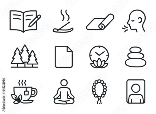 Mindful Ritual Icons Set. Outline icon set of mindful reading rituals: journal entry, incense smoke, yoga mat,