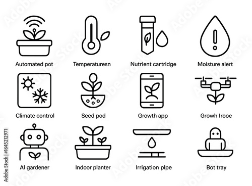 Smart Gardening Icons. Outline icon set of smart indoor gardening: automated pot, temperature sensor, nutrient