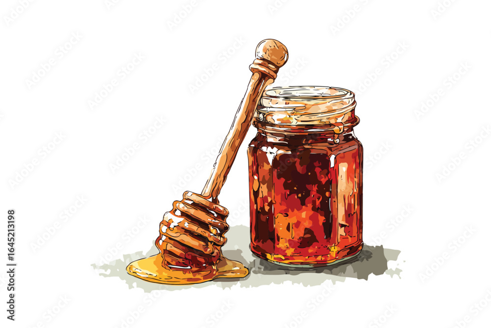 Cinematic Lighting Still Life of Honey Jar with Dripping Wooden Dipper isolated Cinematic Lighting Still Life of Honey Jar with Dripping Wooden Dipper isolated