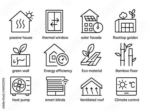 Sustainable Architecture Icons. Outline icon set of sustainable architecture: passive house, thermal window,