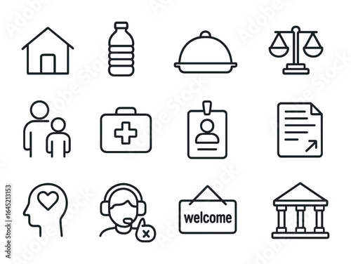 Refugee Support Icons. Outline icon set of refugee support services: shelter icon, water bottle, food tray,