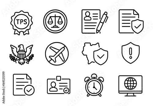 Protected Status Icon Set. Outline icon set of temporary protected status: TPS badge, official seal, visa