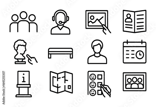 Art Tour Icon Set. Outline icon set of art appreciation tour: guided group, headset guide, art pointer,