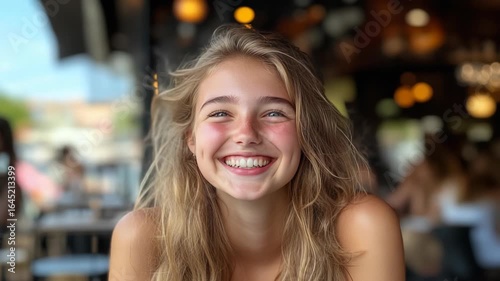 Wallpaper Mural A young Caucasian woman smiles joyfully while relaxing at a street-side restaurant on a bustling summer evening. Torontodigital.ca