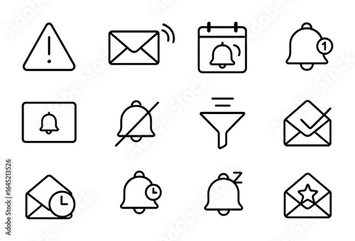 Digital Notifications Icons. Outline icon set of digital notifications handling: alert icon, email ping,