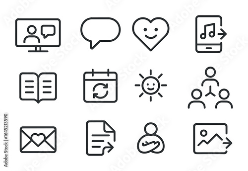 Digital Connection Icons. Outline icon set of digital connection: video call icon, text bubble, emoji heart,