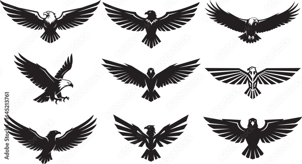 Fototapeta premium Eagle Silhouette Collection, Majestic Flying Bird Icons for Wildlife, Freedom, and Nature Design Projects