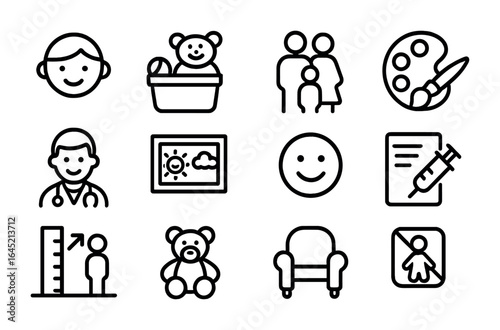 Pediatric Clinic Icons. Outline icon set of pediatric clinic signs: child icon, toy bin symbol, family sign,