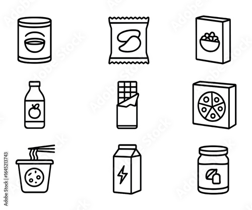 Packaged Food Icons. Outline icon set of packaged food products: canned soup, snack bag, cereal box, bottled