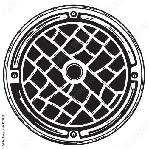 A black and white ink illustration depicting a detailed manhole cover design