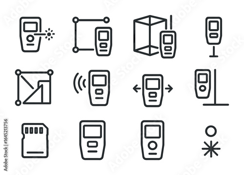 Laser Measurement Icon Set. Outline icon set of laser distance measurement types: point-to-point, area