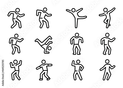 Dance Style Icons. Outline icon set of modern dance styles: jazz, hip-hop, contemporary, lyrical, tap,