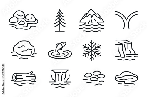Mountain Stream Icons. Outline icon set of mountain stream environments: boulder-strewn river, alpine tree,