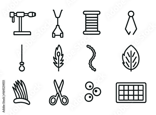 Fly Tying Equipment Icons. Outline icon set of fly tying equipment: tying vise, bobbin holder, thread spool,