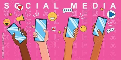 Vector illustration of multiple hands holding smartphones with social media icons, perfect for internet celebration, online community, social networking.