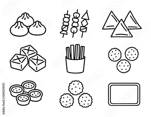 Homemade Snack Icons. Outline icon set of homemade snack ideas: dumplings, meat skewers, baked samosas, puff