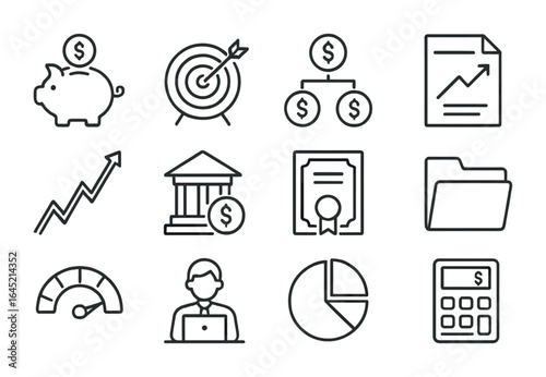 Savings Tools Icons. Outline icon set of savings and investment tools: piggy bank, goal tracker, compound