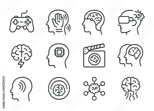 Immersive Neural Gaming Icons. Outline icon set of immersive neural gaming: neural gamepad, haptic feedback,