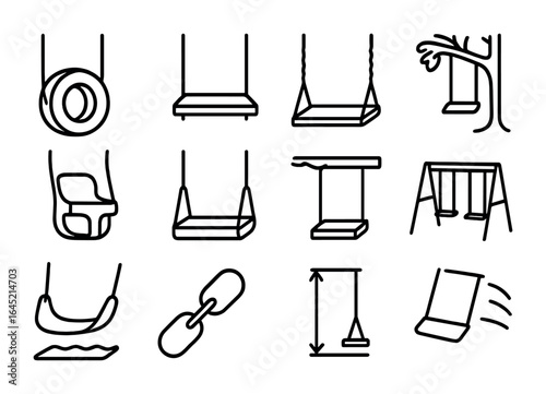 Playground Swing Icons. Outline icon set of playground swings: tire swing, wooden swing, rope swing, baby