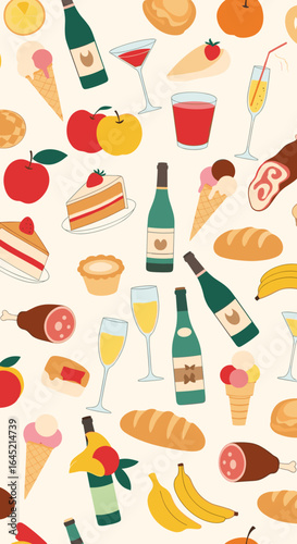 A delightful assortment of food and drink items in a playful pattern for celebrations and gatherings