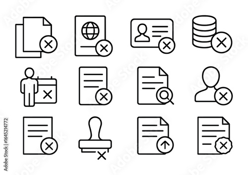 Visa Denial Icons. Outline icon set of visa denial reasons: missing documents, expired passport, incorrect