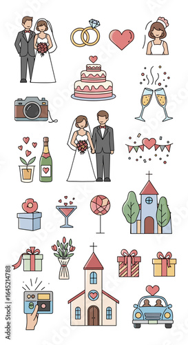 A beautiful collection of wedding day elements featuring the happy couple and celebratory items