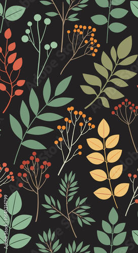 A beautifully detailed autumnal botanical pattern featuring richly colored foliage on a dark background