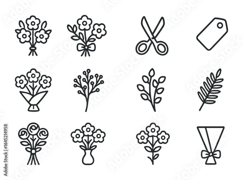 Outline Flower Bouquets Icons. Outline icon set of flower bouquets: hand-tied bouquet, ribbon wrap, florist