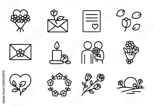 Romantic Floral Icons. Outline icon set of romantic floral themes: heart bouquet, petal letter, love note,