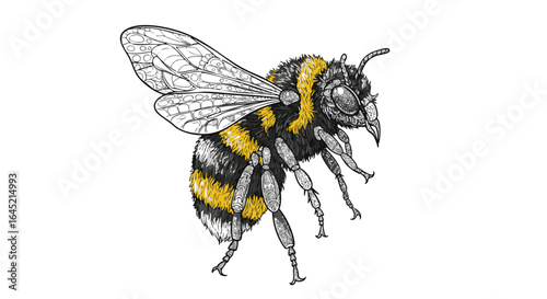 Detailed bumblebee illustration in a vintage engraving style. Hand-drawn flying insect sketch, isolated vector graphic element.