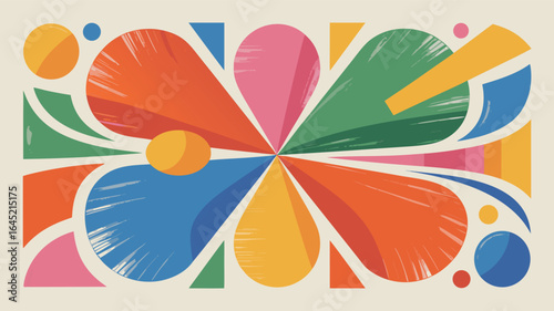 Abstract Geometric Composition Colorful Shapes, Circles, Triangles, and Radial Burst Pattern on Beige Background