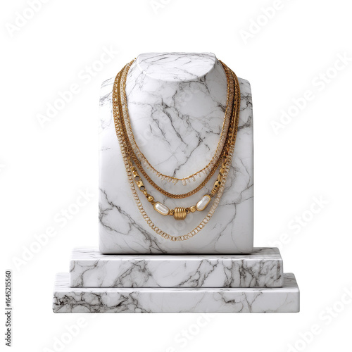 Elegant gold necklaces displayed on a marble bust stand isolated on transparent background