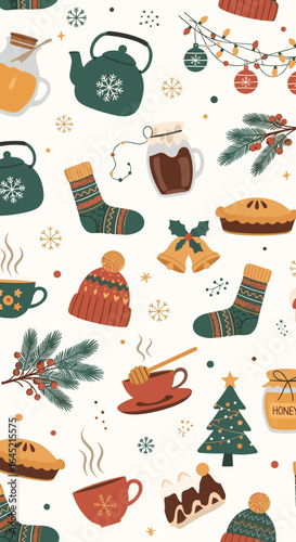 Cozy winter holiday season warm drinks baked goods festive decorations snowflakes and evergreen branches seamless pattern