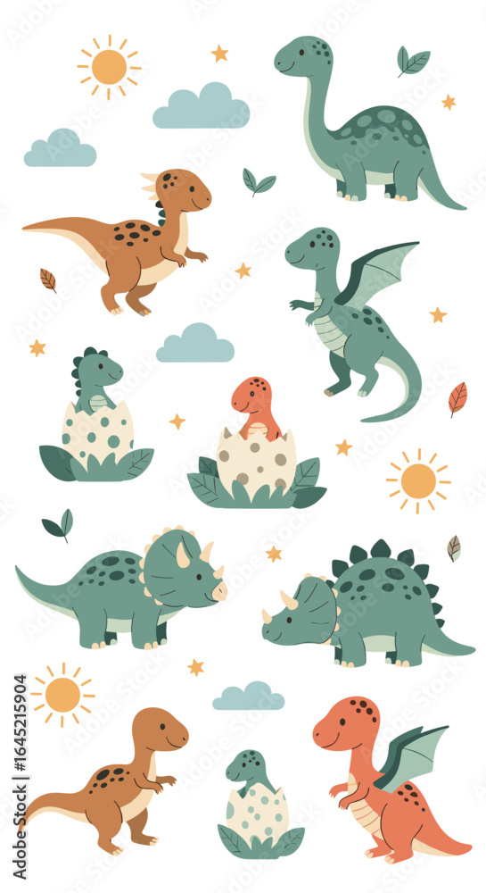 Obraz premium Adorable cartoon dinosaurs roaming through a sunny sky with fluffy clouds and falling leaves