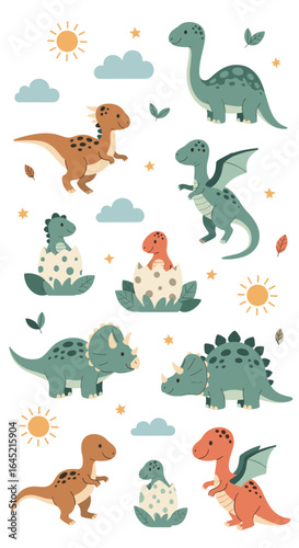 Adorable cartoon dinosaurs roaming through a sunny sky with fluffy clouds and falling leaves