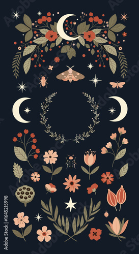 Enchanting nighttime garden with celestial motifs and delicate floral arrangements