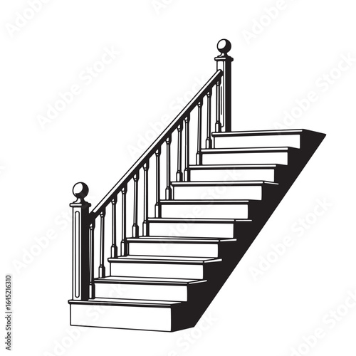 Classic black and white illustration of a staircase with handrail and elegant design