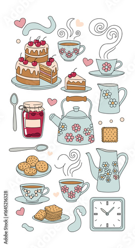 A charming afternoon tea party with delicious cakes cookies and hot beverages in cozy cups