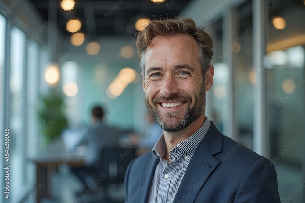 Naklejka premium Smiling Mature Man in Navy Blazer Standing in Bright Modern Office