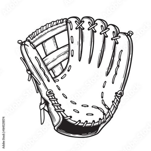 Detailed black and white illustration of a vintage baseball glove perfect for sports design projects