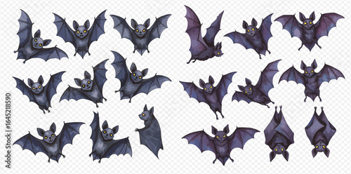 A collection of illustrated dark bats in various flying, perched, and hanging poses, isolated on a transparent background.