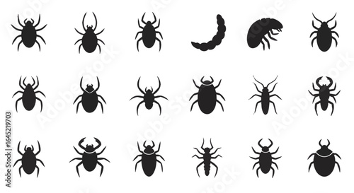 A diverse set of eighteen insect and arachnid silhouette icons. Graphic collection of various bugs, spiders, and beetles for pest control design.