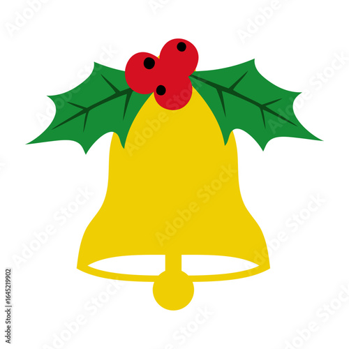 Tiempo de Navidad. Logo campana de navidad dorada con hojas y bayas de acebo para felicitaciones y tarjetas