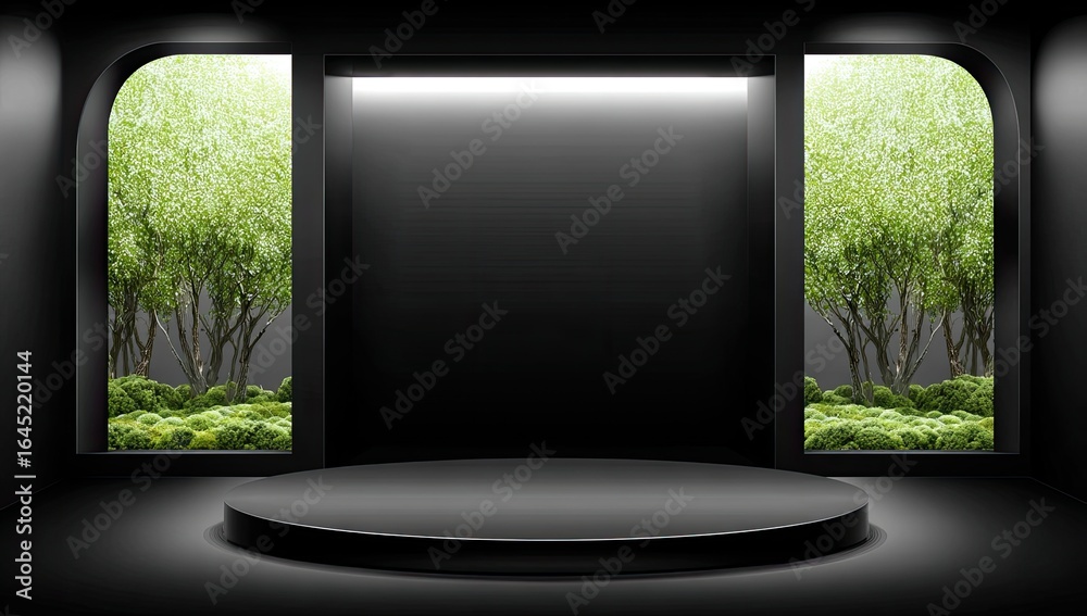 Fototapeta premium Dark room with circular platform, flanked by arched windows showcasing greenery