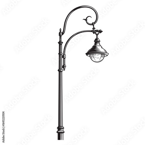 Elegant black and white vintage street lamp illustration against a clean white backdrop