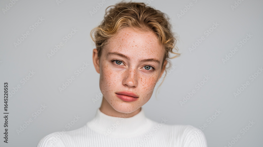 Naklejka premium Portrait of a young woman with fair skin and freckles