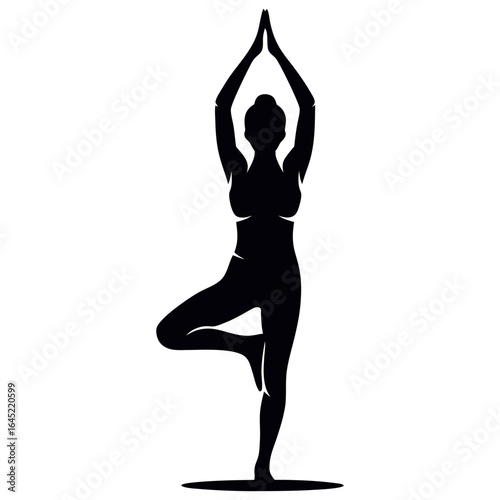A black silhouette of a woman performing the Vrksasana yoga pose, also known as the tree pose, with arms raised.