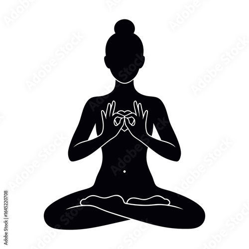 A black silhouette of a person sitting in a cross-legged pose, performing a yoga meditation with hands in a specific mudra.