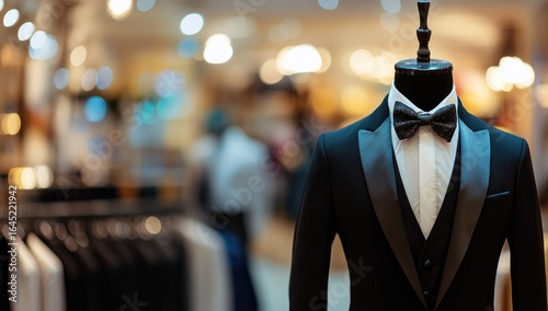 Black tuxedo on a mannequin in the store, an elegant men's suit for evening events and important business meetings.